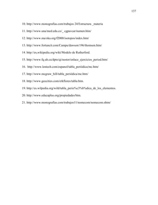 137
10. http://www.monografías.com/trabajos 24/Estructura _materia
11. http://www.una/med.edu.co/_ cgpavcar/numen.htm/
12. http://www.ma/oka.org/f2000/isotopos/index.htm/
13. http://www.fortuncit.com/Campu/dawson/196/thomson.htm/
14. http://es,wikipedia.org/wiki/Modelo de Rutherford.
15. http://www.fq.uh.cu/dpto/qi/nestor/enlace_ejercicios_period.htm/
16. http://www.lentech.com/espanol/tabla_periódica/mc.htm/
17. http://www.mcgraw_hill/tabla_periódica/mc.htm/
18. http://www.geocities.com/erkflores/tabla.htm.
19. http://es.wilpedia.org/wild/tabla_perio%c3%b%dica_de_los_elementos.
20. http://www.educaplus.org/propiedades/htm.
21. http://www.monografías.com/trabajos11/nomecom/nomecom.shtm/
 