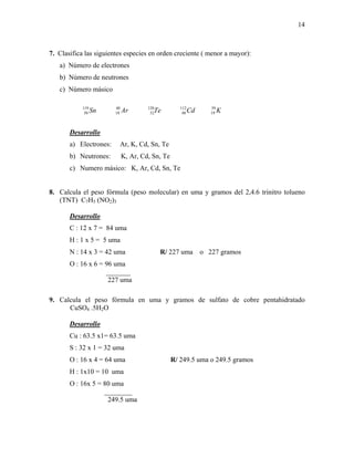 14
7. Clasifica las siguientes especies en orden creciente ( menor a mayor):
a) Número de electrones
b) Número de neutrones
c) Número másico
Sn119
50 Ar40
18 Te128
52 Cd112
48 K39
19
Desarrollo
a) Electrones: Ar, K, Cd, Sn, Te
b) Neutrones: K, Ar, Cd, Sn, Te
c) Numero másico: K, Ar, Cd, Sn, Te
8. Calcula el peso fórmula (peso molecular) en uma y gramos del 2,4.6 trinitro tolueno
(TNT) C7H5 (NO2)3
Desarrollo
C : 12 x 7 = 84 uma
H : 1 x 5 = 5 uma
N : 14 x 3 = 42 uma R/ 227 uma o 227 gramos
O : 16 x 6 = 96 uma
_______
227 uma
9. Calcula el peso fórmula en uma y gramos de sulfato de cobre pentahidratado
CuSO4 .5H2O
Desarrollo
Cu : 63.5 x1= 63.5 uma
S : 32 x 1 = 32 uma
O : 16 x 4 = 64 uma R/ 249.5 uma o 249.5 gramos
H : 1x10 = 10 uma
O : 16x 5 = 80 uma
________
249.5 uma
 