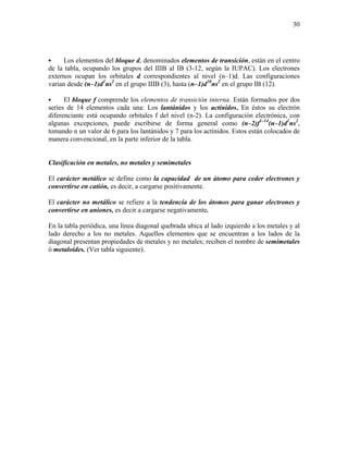 30
• Los elementos del bloque d, denominados elementos de transición, están en el centro
de la tabla, ocupando los grupos del IIIB al IB (3-12, según la IUPAC). Los electrones
externos ocupan los orbitales d correspondientes al nivel (n–1)d. Las configuraciones
varían desde (n–1)d1
ns2
en el grupo IIIB (3), hasta (n–1)d10
ns2
en el grupo IB (12).
• El bloque f comprende los elementos de transición interna. Están formados por dos
series de 14 elementos cada una: Los lantánidos y los actínidos. En éstos su electrón
diferenciante está ocupando orbitales f del nivel (n-2). La configuración electrónica, con
algunas excepciones, puede escribirse de forma general como (n–2)f1–14
(n–1)d1
ns2
,
tomando n un valor de 6 para los lantánidos y 7 para los actínidos. Estos están colocados de
manera convencional, en la parte inferior de la tabla.
Clasificación en metales, no metales y semimetales
El carácter metálico se define como la capacidad de un átomo para ceder electrones y
convertirse en catión, es decir, a cargarse positivamente.
El carácter no metálico se refiere a la tendencia de los átomos para ganar electrones y
convertirse en aniones, es decir a cargarse negativamente.
En la tabla periódica, una línea diagonal quebrada ubica al lado izquierdo a los metales y al
lado derecho a los no metales. Aquellos elementos que se encuentran a los lados de la
diagonal presentan propiedades de metales y no metales; reciben el nombre de semimetales
ó metaloides. (Ver tabla siguiente).
 