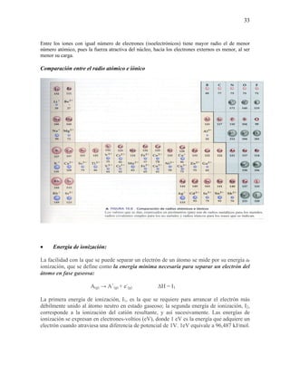 33
Entre los iones con igual número de electrones (isoelectrónicos) tiene mayor radio el de menor
número atómico, pues la fuerza atractiva del núcleo, hacia los electrones externos es menor, al ser
menor su carga.
Comparación entre el radio atómico e iónico
• Energía de ionización:
La facilidad con la que se puede separar un electrón de un átomo se mide por su energía de
ionización, que se define como la energía mínima necesaria para separar un electrón del
átomo en fase gaseosa:
A(g) → A+
(g) + e-
(g) ΔH = I1
La primera energía de ionización, I1, es la que se requiere para arrancar el electrón más
débilmente unido al átomo neutro en estado gaseoso; la segunda energía de ionización, I2,
corresponde a la ionización del catión resultante, y así sucesivamente. Las energías de
ionización se expresan en electrones-voltios (eV), donde 1 eV es la energía que adquiere un
electrón cuando atraviesa una diferencia de potencial de 1V. 1eV equivale a 96,487 kJ/mol.
 