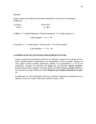 38
Ejemplos.
Asignar número de oxidación al elemento subrayado en cada uno de los siguientes
compuestos.
a) H N O3 b) Na2 S O4
+1+5 -6 +2 +6 -8
a) HNO3: (+1 x1)(del Hidrógeno) +(X) (del nitrógeno) + (3 (- 2))del oxígeno= 0
X del nitrógeno = - 6+ 1= +5
b) Na2 S O4: (+1 x 2) (del sodio) + (X del azufre) + (4 x-2) del oxígeno
X del nitrógeno = + 2 -8 = +6
c) COMBINACIÓN DE LOS ELEMENTOS REPRESENTATIVOS
Como se mencionó en apartados anteriores, los elementos situados en los grupos de IA a
VIIIA, guardan bastante regularidad en sus propiedades, de ahí su nombre. Algunos de
estos grupos reciben nombres particulares, debido a sus propiedades o a las de sus
compuestos. Ejemplo los elementos del grupo IA, son llamados metales alcalinos,
porque forman óxidos alcalinos, en menor grado los del IIA, llamados alcalino térreos; a
los elementos del grupo VIIA se les llama halógenos que significa formadores de sales,
etc.
Estudiaremos las cinco principales funciones químicas inorgánicas reconocidas por los
químicos. Estas son: óxidos, hidróxidos, hidruros, ácidos y sales.
 
