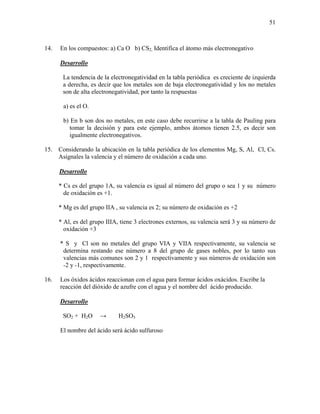51
14. En los compuestos: a) Ca O b) CS2, Identifica el átomo más electronegativo
Desarrollo
La tendencia de la electronegatividad en la tabla periódica es creciente de izquierda
a derecha, es decir que los metales son de baja electronegatividad y los no metales
son de alta electronegatividad, por tanto la respuestas
a) es el O.
b) En b son dos no metales, en este caso debe recurrirse a la tabla de Pauling para
tomar la decisión y para este ejemplo, ambos átomos tienen 2.5, es decir son
igualmente electronegativos.
15. Considerando la ubicación en la tabla periódica de los elementos Mg, S, Al, Cl, Cs.
Asígnales la valencia y el número de oxidación a cada uno.
Desarrollo
* Cs es del grupo 1A, su valencia es igual al número del grupo o sea 1 y su número
de oxidación es +1.
* Mg es del grupo IIA , su valencia es 2; su número de oxidación es +2
* Al, es del grupo IIIA, tiene 3 electrones externos, su valencia será 3 y su número de
oxidación +3
* S y Cl son no metales del grupo VIA y VIIA respectivamente, su valencia se
determina restando ese número a 8 del grupo de gases nobles, por lo tanto sus
valencias más comunes son 2 y 1 respectivamente y sus números de oxidación son
-2 y -1, respectivamente.
16. Los óxidos ácidos reaccionan con el agua para formar ácidos oxácidos. Escribe la
reacción del dióxido de azufre con el agua y el nombre del ácido producido.
Desarrollo
SO2 + H2O → H2SO3
El nombre del ácido será ácido sulfuroso
 
