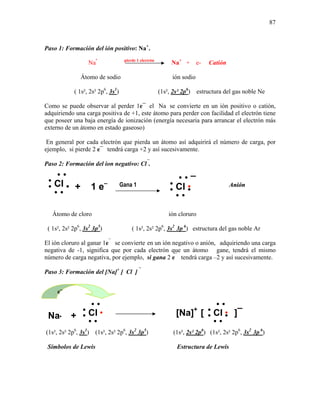87
Paso 1: Formación del ión positivo: Na+
.
Naº pierde 1 electrón
Na+
+ e- Catión
Átomo de sodio ión sodio
( 1s², 2s² 2p6
, 3s1
) (1s², 2s² 2p6
) estructura del gas noble Ne
Como se puede observar al perder 1e¯ el Na se convierte en un ión positivo o catión,
adquiriendo una carga positiva de +1, este átomo para perder con facilidad el electrón tiene
que poseer una baja energía de ionización (energía necesaria para arrancar el electrón más
externo de un átomo en estado gaseoso)
En general por cada electrón que pierda un átomo así adquirirá el número de carga, por
ejemplo, si pierde 2 e¯ tendrá carga +2 y así sucesivamente.
Paso 2: Formación del ion negativo: Cl¯
.
Átomo de cloro ión cloruro
( 1s², 2s² 2p6
, 3s2
3p5
) ( 1s², 2s² 2p6
, 3s2
3p 6
) estructura del gas noble Ar
El ión cloruro al ganar 1e¯
se convierte en un ión negativo o anión, adquiriendo una carga
negativa de -1, significa que por cada electrón que un átomo gane, tendrá el mismo
número de carga negativa, por ejemplo, si gana 2 e¯
tendrá carga –2 y así sucesivamente.
Paso 3: Formación del [Na]+
[ Cl ] ¯
(1s², 2s² 2p6
, 3s1
) (1s², 2s² 2p6
, 3s2
3p5
) (1s², 2s² 2p6
) (1s², 2s² 2p6
, 3s2
3p 6
)
Símbolos de Lewis Estructura de Lewis
Cl
•
•
•
•
• •
• + 1 e–
•Cl
•
•
•
•
• •
•
AAnniióónn¯Gana 1
•Cl
•
•
•
•
• •
•Cl
•
•
•
•
• •
•[Na]+
[ ]¯Na• +
e¯
 