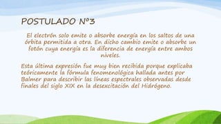POSTULADO Nº3
El electrón solo emite o absorbe energía en los saltos de una
órbita permitida a otra. En dicho cambio emite o absorbe un
fotón cuya energía es la diferencia de energía entre ambos
niveles.
Esta última expresión fue muy bien recibida porque explicaba
teóricamente la fórmula fenomenológica hallada antes por
Balmer para describir las líneas espectrales observadas desde
finales del siglo XIX en la desexcitación del Hidrógeno.
 