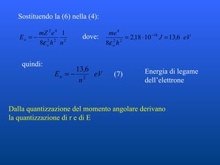Sostituendo la (6) nella (4): dove: quindi:   Dalla quantizzazione del momento angolare derivano la quantizzazione di r e di E (7) Energia di legame dell’elettrone 