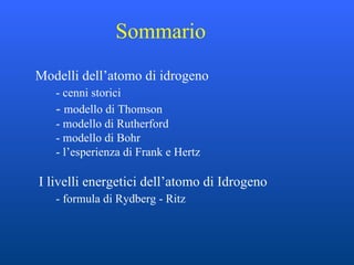 Sommario Modelli dell’atomo di idrogeno - cenni storici -  modello di Thomson - modello di Rutherford - modello di Bohr - l’esperienza di Frank e Hertz I livelli energetici dell’atomo di Idrogeno - formula di Rydberg - Ritz 