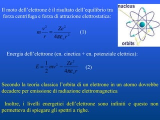 Il moto dell’elettrone è il risultato dell’equilibrio tra  forza centrifuga e forza di attrazione elettrostatica: Energia dell’elettrone (en. cinetica + en. potenziale elettrica): (1) (2) Secondo la teoria classica l’orbita di un elettrone in un atomo dovrebbe decadere per emissione di radiazione elettromagnetica Inoltre, i livelli energetici dell’elettrone sono infiniti e questo non permetteva di spiegare gli spettri a righe. 