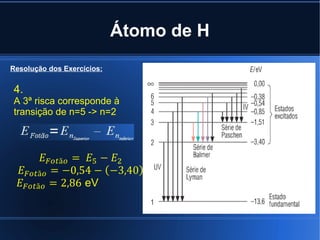 Átomo de H Resolução dos Exercícios: 4. A 3ª risca corresponde à transição de n=5 -> n=2