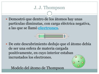 J. J. ThompsonDemostró que dentro de los átomos hay unas partículas diminutas, con carga eléctrica negativa, a las que se llamó electrones.De este descubrimiento dedujo que el átomo debía de ser una esfera de materia cargada positivamente, en cuyo interior estaban incrustados los electrones.      Modelo del átomo de Thompson   