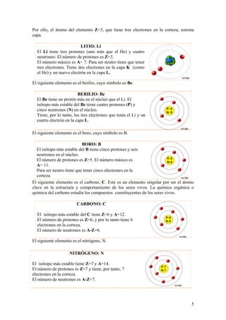 Por ello, el átomo del elemento Z=3, que tiene tres electrones en la corteza, estrena
capa.

                          LITIO: Li
  El Li tiene tres protones (uno más que el He) y cuatro
  neutrones: El número de protones es Z=3.
  El número másico es A= 7. Para ser neutro tiene que tener
  tres electrones. Tiene dos electrones en la capa K (como
  el He) y un nuevo electrón en la capa L.

El siguiente elemento es el berilio, cuyo símbolo es Be.

                         BERILIO: Be
  El Be tiene un protón más en el núcleo que el Li. El
  isótopo más estable del Be tiene cuatro protones (P) y
  cinco neutrones (N) en el núcleo.
  Tiene, por lo tanto, los tres electrones que tenía el Li y un
  cuarto electrón en la capa L.

El siguiente elemento es el boro, cuyo símbolo es B.

                            BORO: B
   El isótopo más estable del B tiene cinco protones y seis
   neutrones en el núcleo.
   El número de protones es Z=5. El número másico es
   A= 11.
   Para ser neutro tiene que tener cinco electrones en la
   corteza.
El siguiente elemento es el carbono, C. Este es un elemento singular por ser el átomo
clave en la estructura y comportamiento de los seres vivos. La química orgánica o
química del carbono estudia los compuestos constituyentes de los seres vivos.

                        CARBONO: C

  El isótopo más estable del C tiene Z=6 y A=12.
  El número de protones es Z=6, y por lo tanto tiene 6
  electrones en la corteza.
  El número de neutrones es A-Z=6.

El siguiente elemento es el nitrógeno, N.

                    NITRÓGENO: N

El isótopo más estable tiene Z=7 y A=14.
El número de protones es Z=7 y tiene, por tanto, 7
electrones en la corteza.
El número de neutrones es A-Z=7.




                                                                                   5
 