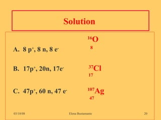 Solution  16 O A.  8 p + , 8 n, 8 e -   8 B. 17p + , 20n, 17e -   37 Cl   17   C.  47p + , 60 n, 47 e - 107 Ag     47 