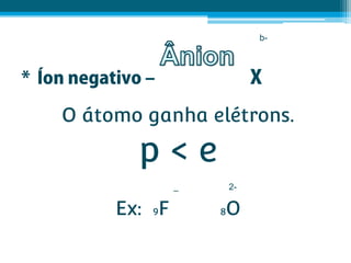 b-




O átomo ganha elétrons.

       p<e
              _       2-

     Ex: 9F       O
                  8
 