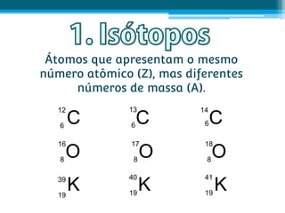 Átomos que apresentam o mesmo
número atômico (Z), mas diferentes
     números de massa (A).
   12         13          14

   6
        C      6
                   C       6   C
   16          17          18

   8
       O       8
                   O        8
                                O
   39         40           41

   19
        K     19
                   K       19
                                K
 