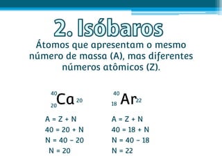 Átomos que apresentam o mesmo
número de massa (A), mas diferentes
      números atômicos (Z).

    40           40

    20
      Ca   20
                 18   Ar22


   A=Z+N         A=Z+N
   40 = 20 + N   40 = 18 + N
   N = 40 - 20   N = 40 - 18
    N = 20       N = 22
 