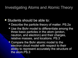 Investigating Atoms and Atomic TheoryInvestigating Atoms and Atomic Theory
 Students should be able to:Students should be able to:
Describe the particle theory of matter. PS.2aDescribe the particle theory of matter. PS.2a
Use the Bohr model to differentiate among theUse the Bohr model to differentiate among the
three basic particles in the atom (proton,three basic particles in the atom (proton,
neutron, and electron) and their charges,neutron, and electron) and their charges,
relative masses, and locations. PS.3relative masses, and locations. PS.3
Compare the Bohr atomic model to theCompare the Bohr atomic model to the
electron cloud model with respect to theirelectron cloud model with respect to their
ability to represent accurately the structure ofability to represent accurately the structure of
the atom.PS.3the atom.PS.3
 