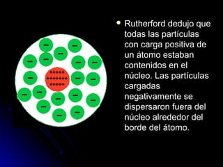  Rutherford dedujo queRutherford dedujo que
todas las partículastodas las partículas
con carga positiva decon carga positiva de
un átomo estabanun átomo estaban
contenidos en elcontenidos en el
núcleo. Las partículasnúcleo. Las partículas
cargadascargadas
negativamente senegativamente se
dispersaron fuera deldispersaron fuera del
núcleo alrededor delnúcleo alrededor del
borde del átomo.borde del átomo.
 