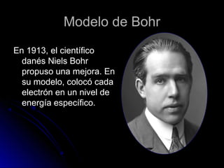 Modelo de BohrModelo de Bohr
En 1913, el científicoEn 1913, el científico
danés Niels Bohrdanés Niels Bohr
propuso una mejora. Enpropuso una mejora. En
su modelo, colocó cadasu modelo, colocó cada
electrón en un nivel deelectrón en un nivel de
energía específico.energía específico.
 