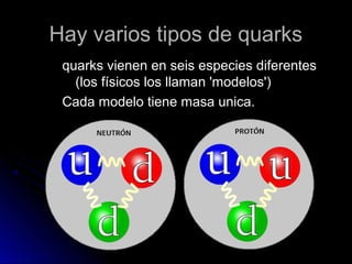 Hay varios tipos de quarksHay varios tipos de quarks
quarks vienen en seis especies diferentesquarks vienen en seis especies diferentes
(los físicos los llaman 'modelos')(los físicos los llaman 'modelos')
Cada modelo tiene masa unica.Cada modelo tiene masa unica.
 