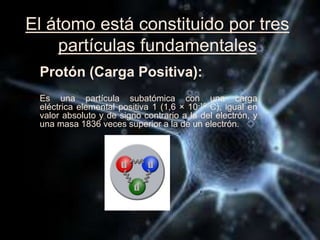 El átomo está constituido por tres
partículas fundamentales
Protón (Carga Positiva):
Es una partícula subatómica con una carga
eléctrica elemental positiva 1 (1,6 × 10-19 C), igual en
valor absoluto y de signo contrario a la del electrón, y
una masa 1836 veces superior a la de un electrón.
 