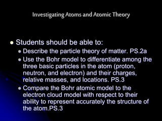 InvestigatingAtoms andAtomic Theory
 Students should be able to:
 Describe the particle theory of matter. PS.2a
 Use the Bohr model to differentiate among the
three basic particles in the atom (proton,
neutron, and electron) and their charges,
relative masses, and locations. PS.3
 Compare the Bohr atomic model to the
electron cloud model with respect to their
ability to represent accurately the structure of
the atom.PS.3
 