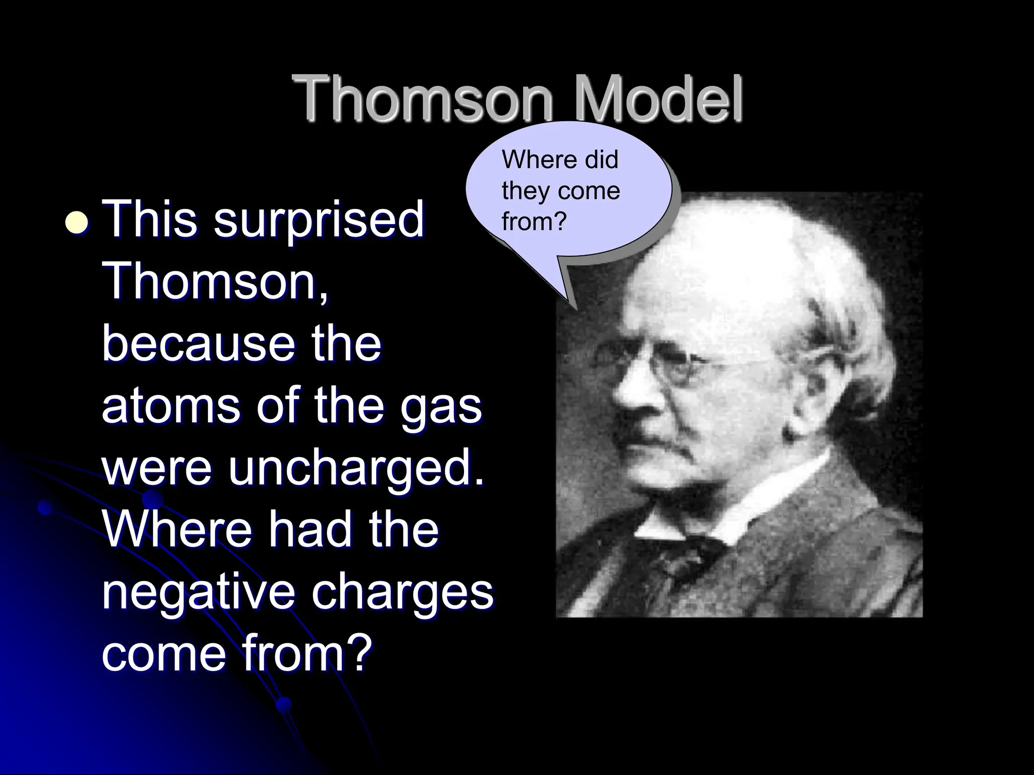 Thomson Model
 This surprised
Thomson,
because the
atoms of the gas
were uncharged.
Where had the
negative charges
come from?
Where did
they come
from?
 