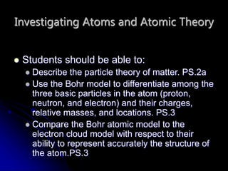Investigating Atoms and Atomic Theory
 Students should be able to:
 Describe the particle theory of matter. PS.2a
 Use the Bohr model to differentiate among the
three basic particles in the atom (proton,
neutron, and electron) and their charges,
relative masses, and locations. PS.3
 Compare the Bohr atomic model to the
electron cloud model with respect to their
ability to represent accurately the structure of
the atom.PS.3
 
