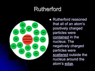 Rutherford
 Rutherford reasoned
that all of an atom’s
positively charged
particles were
contained in the
nucleus. The
negatively charged
particles were
scattered outside the
nucleus around the
atom’s edge.
 