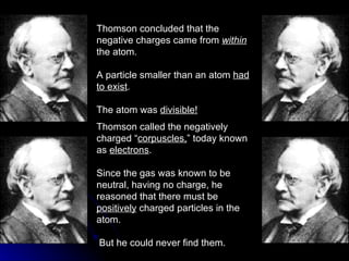 Thomson concluded that the negative charges came from  within   the atom. A particle smaller than an atom  had to exist . The atom was  divisible! Thomson called the negatively charged “ corpuscles, ” today known as  electrons . Since the gas was known to be neutral, having no charge, he reasoned that there must be  positively  charged particles in the atom. But he could never find them. 