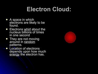 Electron Cloud: A space in which electrons are likely to be found. Electrons  whirl  about the nucleus billions of times in one second They are not moving around in  random  patterns. Location of electrons depends upon how much  energy  the electron has. 
