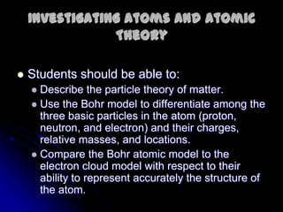 Investigating Atoms and Atomic
Theory
 Students should be able to:
 Describe the particle theory of matter.
 Use the Bohr model to differentiate among the
three basic particles in the atom (proton,
neutron, and electron) and their charges,
relative masses, and locations.
 Compare the Bohr atomic model to the
electron cloud model with respect to their
ability to represent accurately the structure of
the atom.
 
