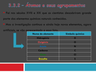 Foi nos séculos XVIII e XIX que os cientistas descobriram grande parte dos elementos químicos naturais conhecidos. Mas a investigação continua e ainda hoje novos elementos, agora artificiais, se vão acrescentado a essa lista. Nome do elemento Símbolo químico Hidrogénio H Oxigénio O Azoto N Carbono C Cloro Cl Enxofre S 
