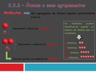 As moléculas podem classificar-se quanto ao número de átomos que as constituem: Di atómicas:  Tri atómicas: Tetra tómicas: Poli atómicas:  são agregados de átomos ligados quimicamente entre si. Representa 1 átomo de  Oxigénio Representa 1 molécula de  Oxigénio Fórmula química da molécula de  Oxigénio  