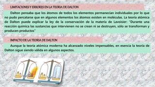 LIMITACIONESY ERRORES ENLA TEORIADE DALTON
Dalton pensaba que los átomos de todos los elementos permanecían individuales por lo que
no pudo percatarse que en algunos elementos los átomos existen en moléculas. La teoría atómica
de Dalton puede explicar la ley de la conservación de la materia de Lavoisier: “Durante una
reacción química las sustancias que intervienen no se crean ni se destruyen, sólo se transforman y
producen productos”
IMPACTODE LA TEORIADE DALTON
Aunque la teoría atómica moderna ha alcanzado niveles impensables, en esencia la teoría de
Dalton sigue siendo válida en algunos aspectos.
 
