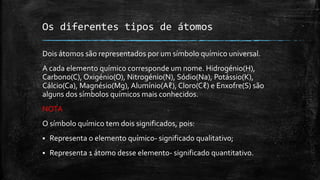 Os diferentes tipos de átomos 
Dois átomos são representados por um símbolo químico universal. 
A cada elemento químico corresponde um nome. Hidrogénio(H), 
Carbono(C), Oxigénio(O), Nitrogénio(N), Sódio(Na), Potássio(K), 
Cálcio(Ca), Magnésio(Mg), Alumínio(Aℓ), Cloro(Cℓ) e Enxofre(S) são 
alguns dos símbolos químicos mais conhecidos. 
NOTA 
O símbolo químico tem dois significados, pois: 
 Representa o elemento químico- significado qualitativo; 
 Representa 1 átomo desse elemento- significado quantitativo. 
 