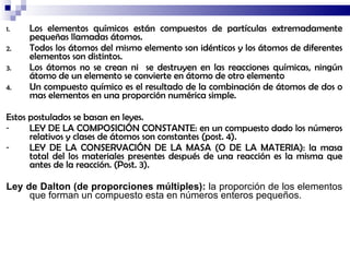 Los elementos químicos están compuestos de partículas extremadamente pequeñas llamadas átomos. Todos los átomos del mismo elemento son idénticos y los átomos de diferentes elementos son distintos. Los átomos no se crean ni  se destruyen en las reacciones químicas, ningún átomo de un elemento se convierte en átomo de otro elemento Un compuesto químico es el resultado de la combinación de átomos de dos o mas elementos en una proporción numérica simple. Estos postulados se basan en leyes. LEY DE LA COMPOSICIÓN CONSTANTE: en un compuesto dado los números relativos y clases de átomos son constantes (post. 4). LEY DE LA CONSERVACIÓN DE LA MASA (O DE LA MATERIA): la masa total del los materiales presentes después de una reacción es la misma que antes de la reacción. (Post. 3). Ley de Dalton (de proporciones múltiples):  la proporción de los elementos que forman un compuesto esta en números enteros pequeños. 