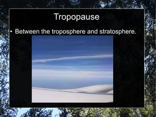 Tropopause Between the troposphere and stratosphere. 