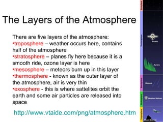 The Layers of the Atmosphere http://www. vtaide . com/png/atmosphere . htm There are five layers of the atmosphere: troposphere  – weather occurs here, contains half of the atmosphere stratosphere  – planes fly here because it is a smooth ride, ozone layer is here mesosphere  – meteors burn up in this layer thermosphere  - known as the outer layer of the atmosphere, air is very thin exosphere  - this is where sattelites orbit the earth and some air particles are released into space 