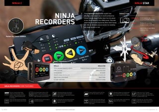 18 19Atomos © 2016 Atomos Global | atomos.com
NINJA
RECORDERS
NINJA FLAME
Compatible with HD and SD video for
recording and playout.
Edit friendly Apple ProRes  AVID
DNxHD in 422 for improved color
accuracy  10-bit for the extended color
depth demanded in post production.
Record to visually lossless Apple
ProRes as an edit friendly, visually
lossless, camera independent industry
benchmark. DNxHD available as well
on the Ninja 2.
Frame accurate timecode and start/stop
triggers from the leading camera brands.
Recorded footage can be played back
and controlled on screen (Ninja2) or
out to larger monitors for client viewing.
Our low power design means that long
battery life (5hrs+) is realized.
Extract 24P/30P from 60i  25P from
50i or pSF equivalents in real time.
The HDMI input and output allows you
to connect and record from any HDMI
device or loop out to larger monitors for
client review.		
		
Recording externally to the camera
means that the traditional 29.59min
barrier imposed on many DSLR cameras
does not apply.
Ninja2 only; The 4.3” resistive
touchscreen is 800 x 480 with 220ppi.
Perfect to navigate menu options and as
a comfort monitor on set.
Synchronize with the camera’s timecode
via HDMI embedded for independent
external recording.
Ninja Star only; The world’s smallest,
lightest Apple ProRes recorder at only
130g (4.6oz) and 95mm wide (3.7”).
NINJA STAR
Perfect for Drones  recording with existing monitors
HDMI (micro) in/out
No monitor
95 x 60 x 25mm, 3.7 x 2.4 x 1.0”
Apple ProRes
CFast 2.0/1.0 media
NINJA 2
Perfect Recording Upgrade for DSLR’s		
HDMI (Full) in/out
4.3” touchscreen
115 x 87 x 41mm, 4.5 x 3.4 x 1.6”		
Apple ProRes  AVID DNxHD
2.5” SSD / HDD media		
MODEL COMPARISON
NINJA STARNINJA 2
NINJA RECORDERS CORE FEATURES
These lightweight Ninja models are the most
affordable and compact way to record professional,
visually lossless Apple ProRes direct from the sensor
of your DSLR camera or any HDMI source. They also
extend the record time beyond the 30min DSLR barrier
and offer an affordable playout solution for reviewing
with larger monitors on set.
PERFECT FOR:
Underwater 	Small footprint, low
buoyancy ProRes recorder
Youtube 	ProRes HD recording
 talent monitor combined
Education 	Add ProRes to older MPEG
video cameras.
Specifications correct at time of printing EOE
Perfect for Canon 5DMKIII
 