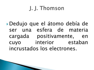J. J. ThomsonDedujo que el átomo debía de ser una esfera de materia cargada positivamente, en cuyo interior estaban incrustados los electrones.