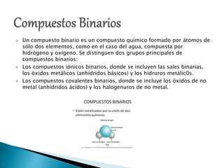  Un compuesto binario es un compuesto químico formado por átomos de
sólo dos elementos, como en el caso del agua, compuesta por
hidrógeno y oxígeno. Se distinguen dos grupos principales de
compuestos binarios:
 Los compuestos iónicos binarios, donde se incluyen las sales binarias,
los óxidos metálicos (anhídridos básicos) y los hidruros metálic0s.
 Los compuestos covalentes binarios, donde se incluye los óxidos de no
metal (anhídridos ácidos) y los halogenuros de no metal.
 