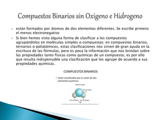  están formados por átomos de dos elementos diferentes. Se escribe primero
el menos electronegativo
 Si bien hemos visto alguna forma de clasificar a los compuestos
agrupándolos en moléculas simples o compuestas; en compuestos binarios,
ternarios o poliatómicos, estas clasificaciones nos sirven de gran ayuda en la
escritura de las fórmulas, pero es poca la información que nos brindan sobre
las propiedades tanto físicas como químicas de un compuesto, es por ello
que resulta indispensable una clasificación que los agrupe de acuerdo a sus
propiedades químicas.
 