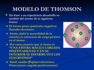 MODELO DE THOMSON En base a su experiencia desarrolla su modelo del átomo de la siguiente forma:  El átomo posee partículas negativas llamada electrones.    Intuía ,dada la neutralidad de la materia, la existencia de carga positiva en el átomo.    Por tanto,anuncia que el átomo es “UNA ESFERA MACIZA CARGADA POSITIVAMENTE Y EN SU INTERIOR SE DISTRIBUYEN LOS ELECRTONES”    Simil: sandía (Pepitas=electrones. Fruto:átomo cargado positivamente) 