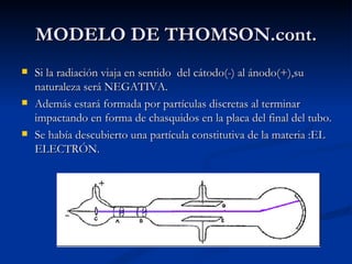 MODELO DE THOMSON.cont. Si la radiación viaja en sentido  del cátodo(-) al ánodo(+),su naturaleza será NEGATIVA. Además estará formada por partículas discretas al terminar impactando en forma de chasquidos en la placa del final del tubo. Se había descubierto una partícula constitutiva de la materia :EL ELECTRÓN. 