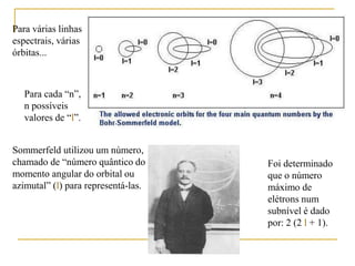 Para várias linhas
espectrais, várias
órbitas...
Sommerfeld utilizou um número,
chamado de “número quântico do
momento angular do orbital ou
azimutal” (l) para representá-las.
Para cada “n”,
n possíveis
valores de “l”.
Foi determinado
que o número
máximo de
elétrons num
subnível é dado
por: 2 (2 l + 1).
 