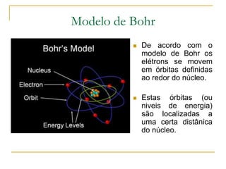 Modelo de Bohr
 De acordo com o
modelo de Bohr os
elétrons se movem
em órbitas definidas
ao redor do núcleo.
 Estas órbitas (ou
niveis de energia)
são localizadas a
uma certa distânica
do núcleo.
 