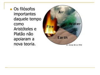 Why? Os filósofos
importantes
daquele tempo
como
Aristóteles e
Platão não
apoiaram a
nova teoria.
Aristotle and Plato favored the earth, fire, air
and water approach to the nature of matter.
Their ideas held sway because of their
eminence as philosophers. The atomos idea
was buried for approximately 2000 years.
Mais de 2000 anos
se passaram.
 