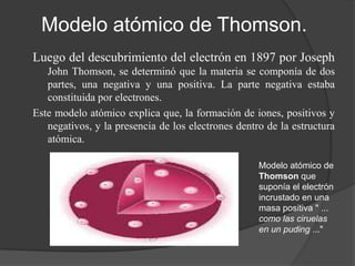 Modelo atómico de Thomson.
Luego del descubrimiento del electrón en 1897 por Joseph
   John Thomson, se determinó que la materia se componía de dos
   partes, una negativa y una positiva. La parte negativa estaba
   constituida por electrones.
Este modelo atómico explica que, la formación de iones, positivos y
   negativos, y la presencia de los electrones dentro de la estructura
   atómica.

                                                    Modelo atómico de
                                                    Thomson que
                                                    suponía el electrón
                                                    incrustado en una
                                                    masa positiva " ...
                                                    como las ciruelas
                                                    en un puding ..."
 