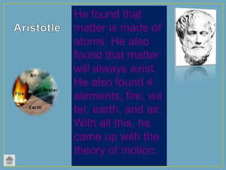 He found that
matter is made of
atoms. He also
found that matter
will always exist.
He also found 4
elements, fire, wa
ter, earth, and air.
With all this, he
came up with the
theory of motion.

 