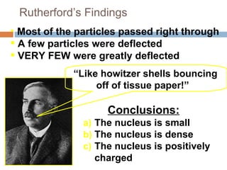 Rutherford’s Findings ,[object Object],[object Object],[object Object],[object Object],[object Object],[object Object],“ Like howitzer shells bouncing  off of tissue paper!” Conclusions: 