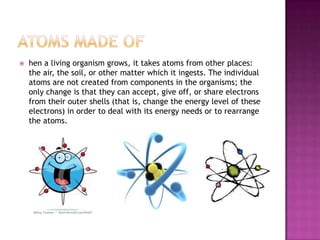 

hen a living organism grows, it takes atoms from other places:
the air, the soil, or other matter which it ingests. The individual
atoms are not created from components in the organisms; the
only change is that they can accept, give off, or share electrons
from their outer shells (that is, change the energy level of these
electrons) in order to deal with its energy needs or to rearrange
the atoms.

 